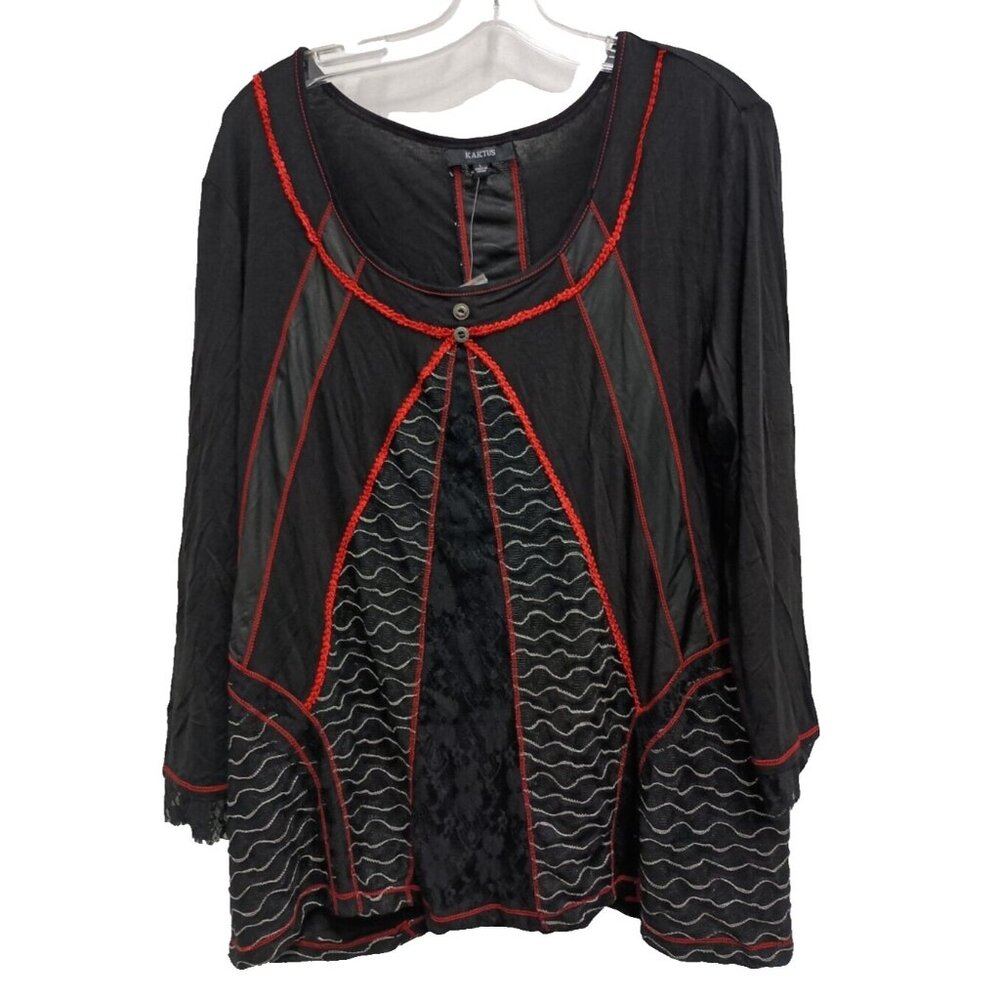 Kaktus BOHO Tunic Top Womens Large Black Red Lace Wearable Art Lagenlook NWT‎